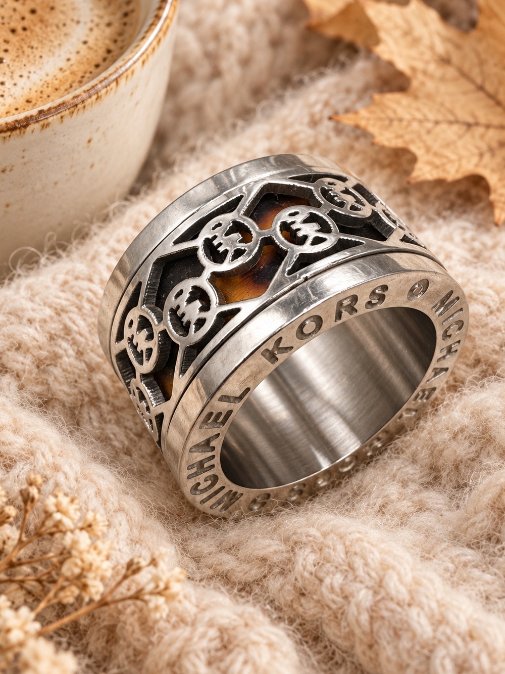 Silver Tone Tortoiseshell Cutout Spinner Wide Band Ring